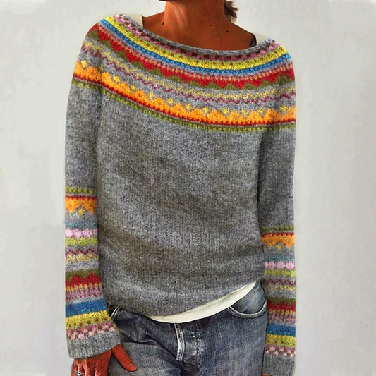 Round-Neck Women’s Sweater with Multicolor Motif