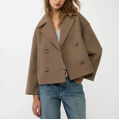 Women’s Cropped Double-Breasted Coat with Lapel Collar
