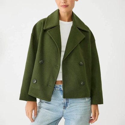 Women’s Cropped Double-Breasted Coat with Lapel Collar