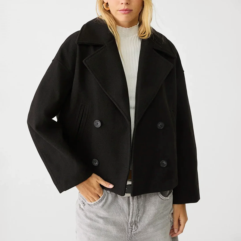 Women’s Cropped Double-Breasted Coat with Lapel Collar