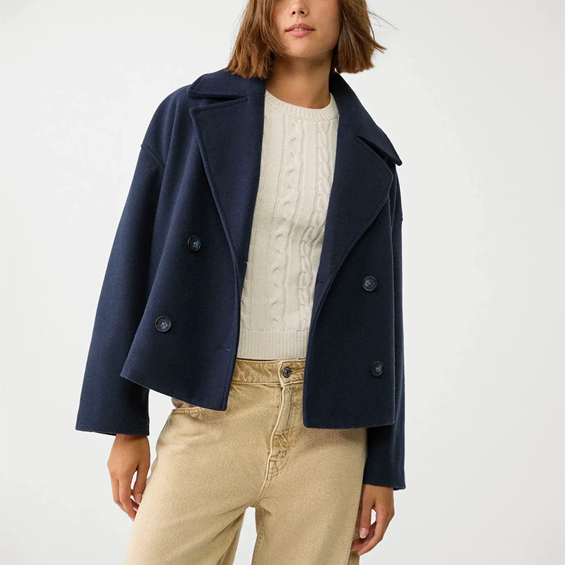 Women’s Cropped Double-Breasted Coat with Lapel Collar
