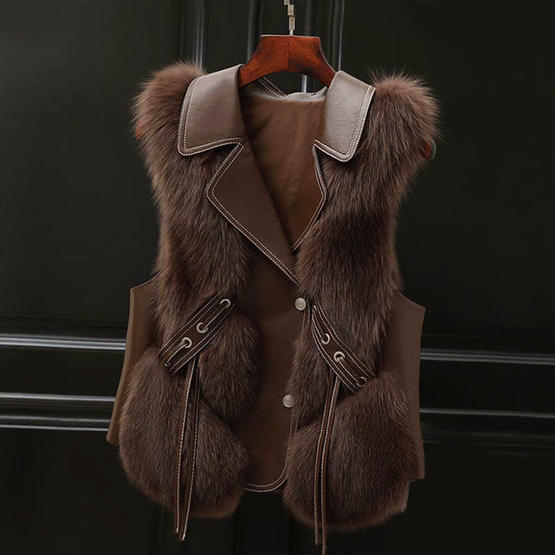 Women’s Faux Fur Vest with Belted Front and Lapel Collar