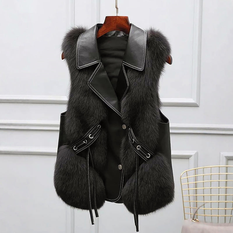 Women’s Faux Fur Vest with Belted Front and Lapel Collar