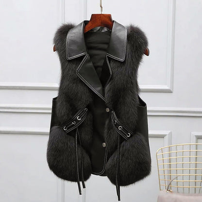 Women’s Faux Fur Vest with Belted Front and Lapel Collar