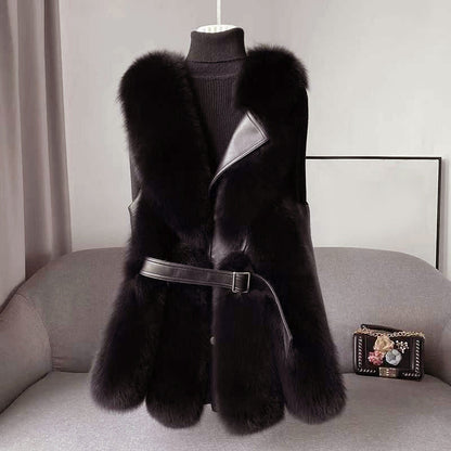 Women’s Faux Fur Vest with Leather Belt Closure