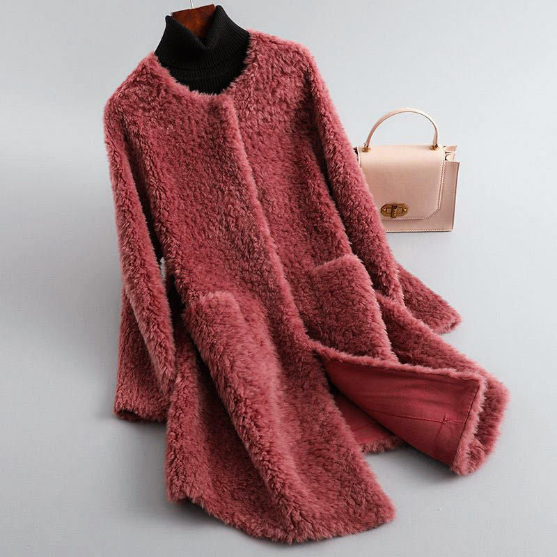 Women’s Faux Shearling Mid-Length Coat with Round Neckline