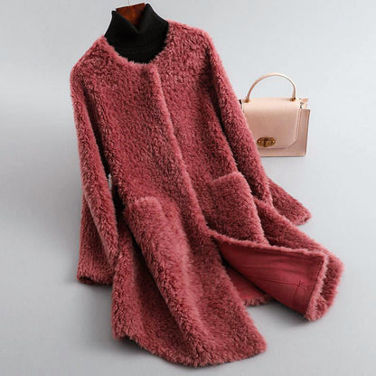 Women’s Faux Shearling Mid-Length Coat with Round Neckline