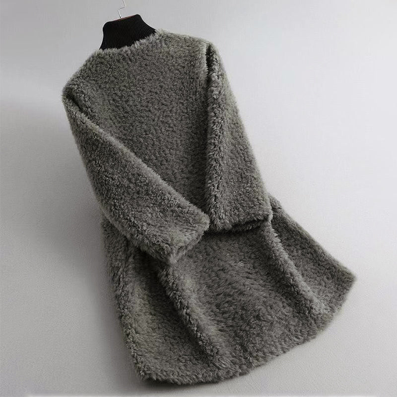 Women’s Faux Shearling Mid-Length Coat with Round Neckline