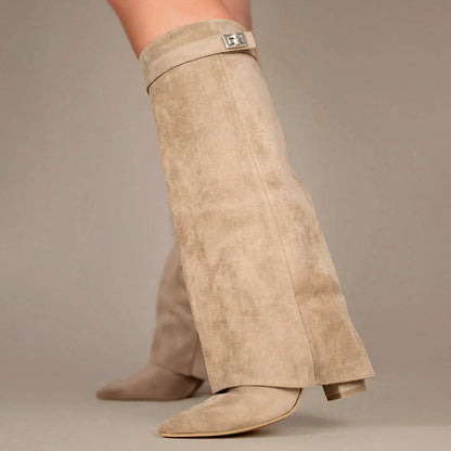 Women’s Faux Suede Knee Boots with Fold-Over Cuff