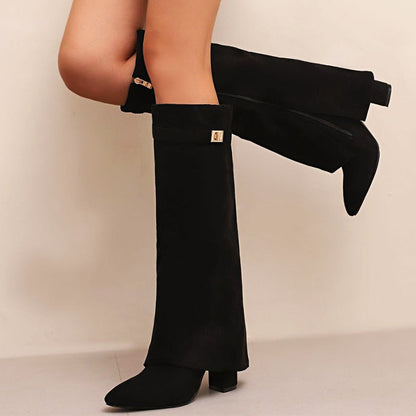 Women’s Faux Suede Knee Boots with Fold-Over Cuff