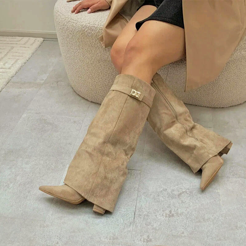 Women’s Faux Suede Knee Boots with Fold-Over Cuff