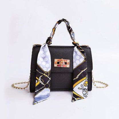 Women's Flap Bag with Scarf Handle and Golden Chain Strap