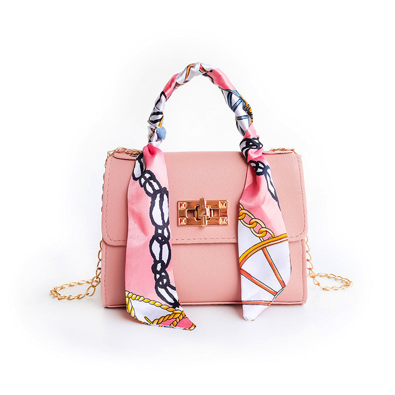 Women's Flap Bag with Scarf Handle and Golden Chain Strap