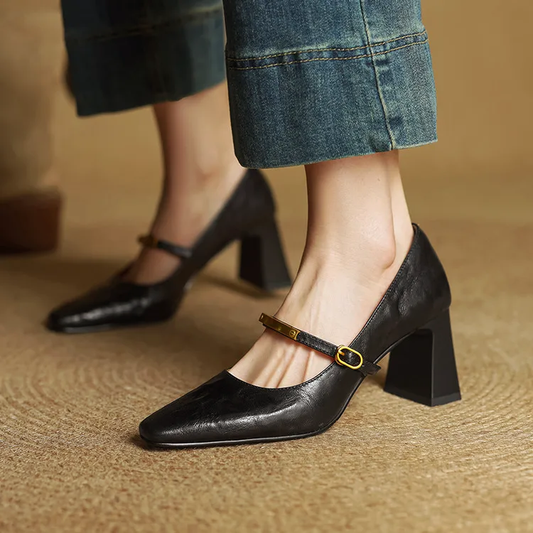 Women’s Genuine Leather Pointed Shoes with Block Heel and Strap