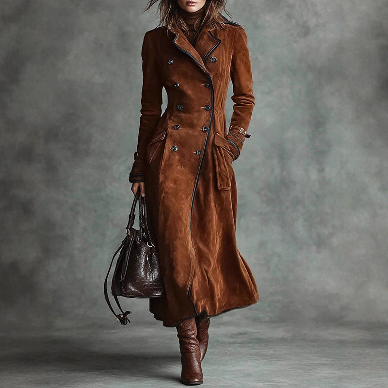 Women’s Long Suede-Style Trench Coat with Double-Breasted Design