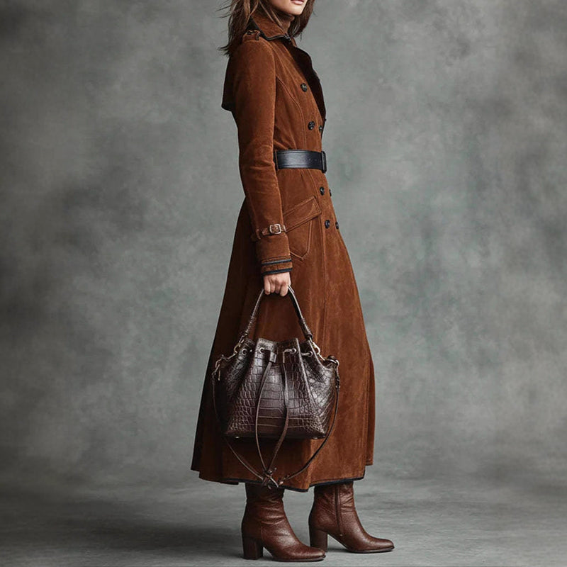 Women’s Long Suede-Style Trench Coat with Double-Breasted Design