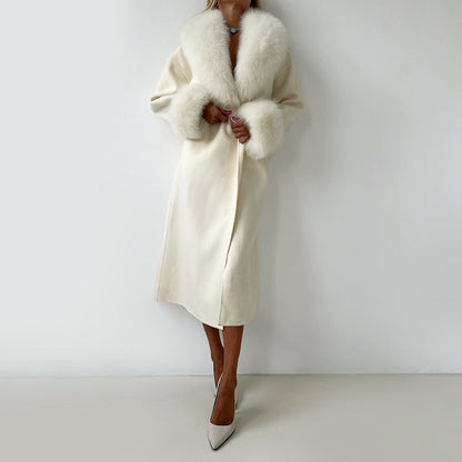 Women’s Long Wrap Coat with Faux Fur Trim