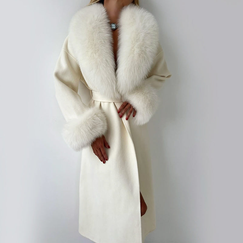 Women’s Long Wrap Coat with Faux Fur Trim