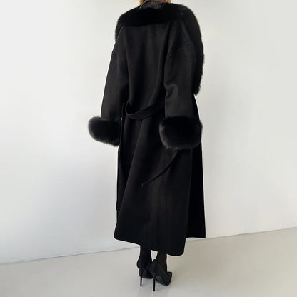 Women’s Long Wrap Coat with Faux Fur Trim