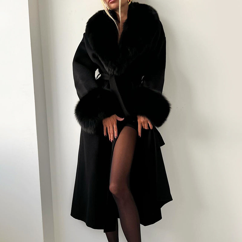 Women’s Long Wrap Coat with Faux Fur Trim