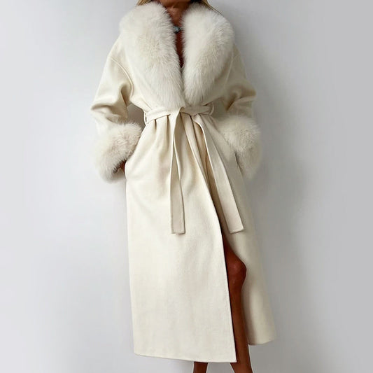 Women’s Long Wrap Coat with Faux Fur Trim