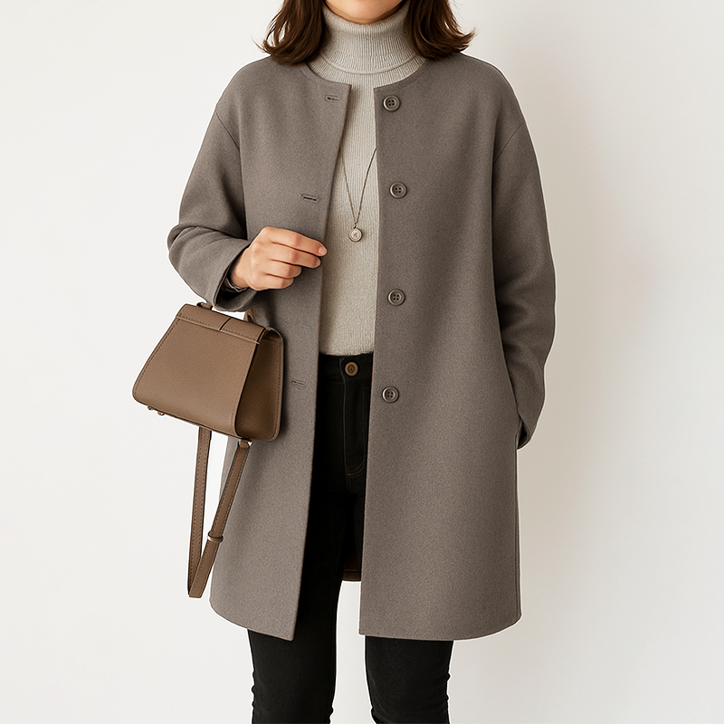 Women’s Mid-Length Coat with Round Neckline