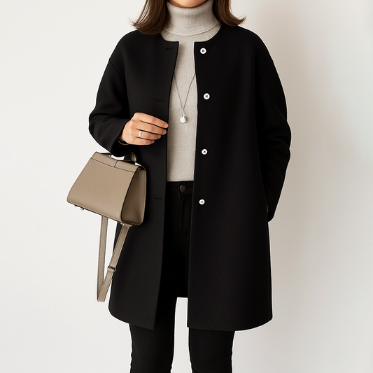 Women’s Mid-Length Coat with Round Neckline