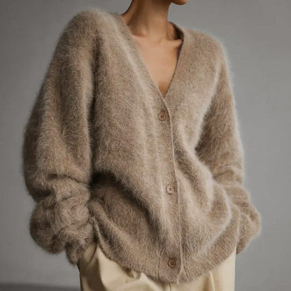 Women’s Plush Oversized Buttoned Cardigan with Fur-Like Texture