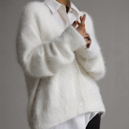 Women’s Plush Oversized Buttoned Cardigan with Fur-Like Texture