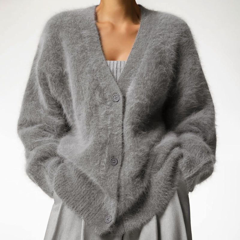 Women’s Plush Oversized Buttoned Cardigan with Fur-Like Texture