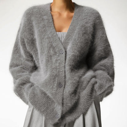 Women’s Plush Oversized Buttoned Cardigan with Fur-Like Texture
