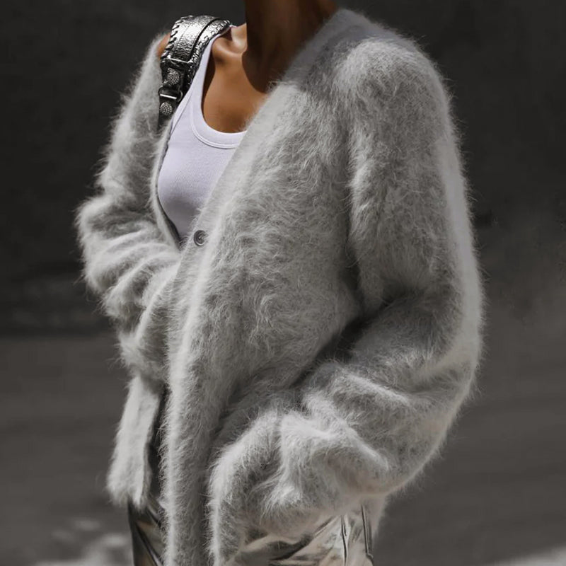 Women’s Plush Oversized Buttoned Cardigan with Fur-Like Texture