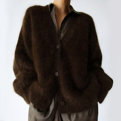 Women’s Plush Oversized Buttoned Cardigan with Fur-Like Texture