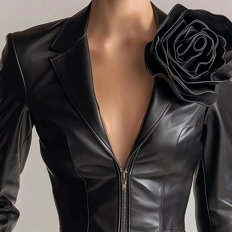 Women’s Slim-Fit Faux Leather Jacket with 3D Flower Accent