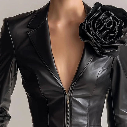 Women’s Slim-Fit Faux Leather Jacket with 3D Flower Accent