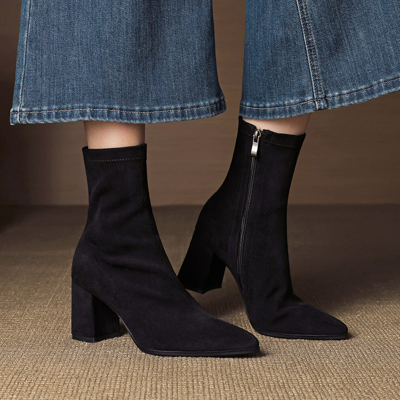 Women’s Suede Leather Ankle Boots with Block Heel
