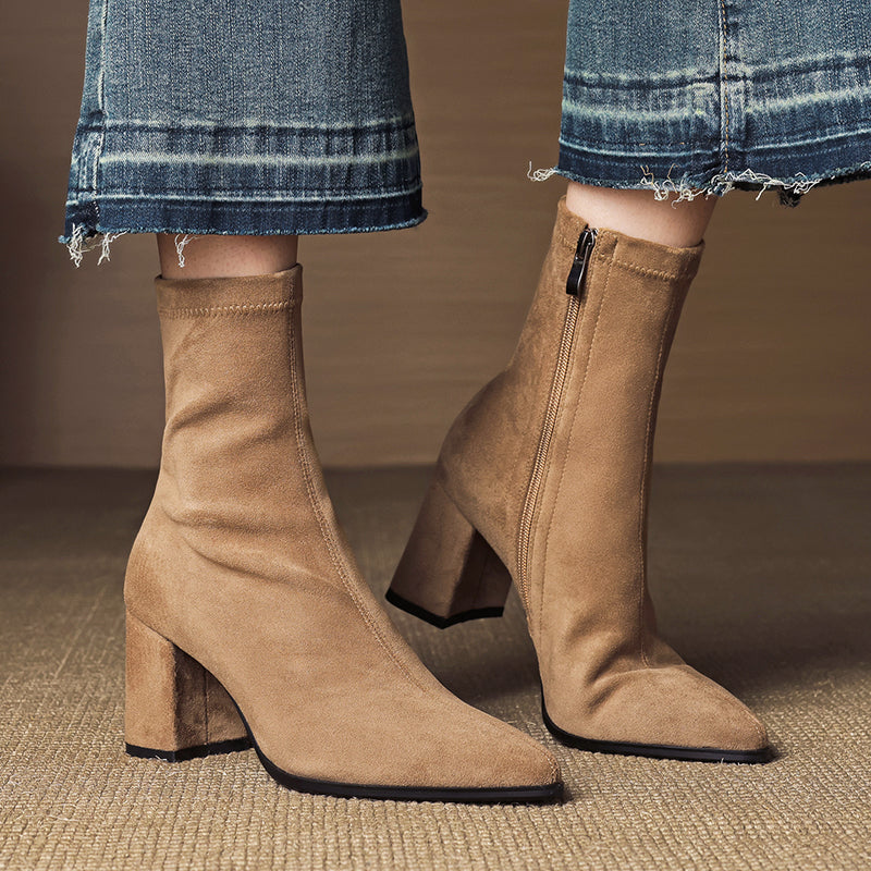 Women’s Suede Leather Ankle Boots with Block Heel
