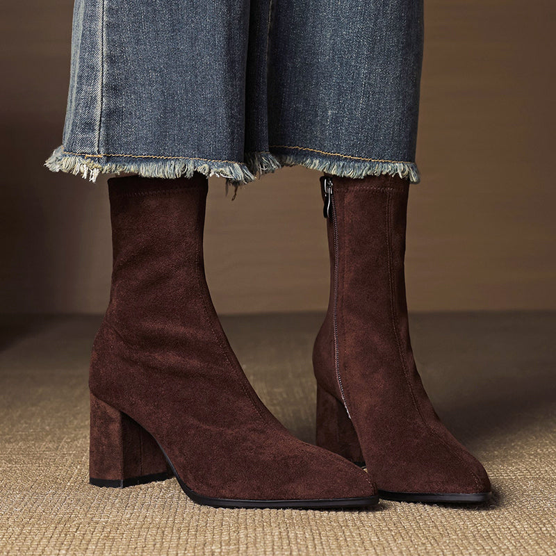 Women’s Suede Leather Ankle Boots with Block Heel