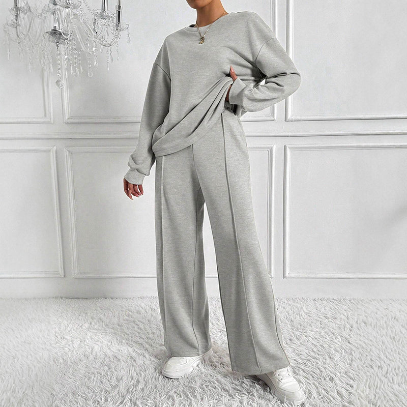 Women’s Two-Piece Lounge Set with Wide-Leg Pants and Relaxed Sweatshirt